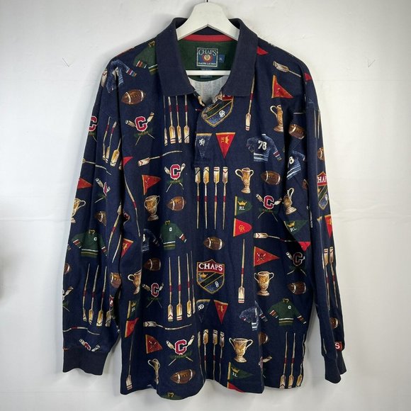 Vintage 90s Chaps Ralph Lauren Rugby Over Print Sports Polo Mens Size XL Rare - Picture 2 of 10